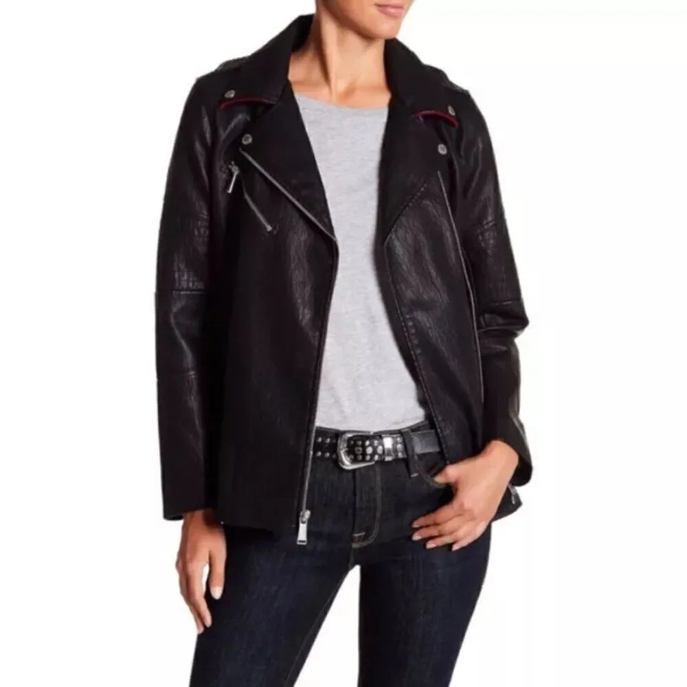 BCBGeneration Long Faux Leather Asymmetrical Zip Moto Jacket | Size S